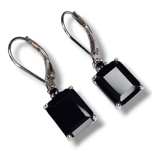 BBJ 925 Sterling Silver Dangle Earrings Black Onyx Emerald Cut Lever Backs - Picture 2 of 11